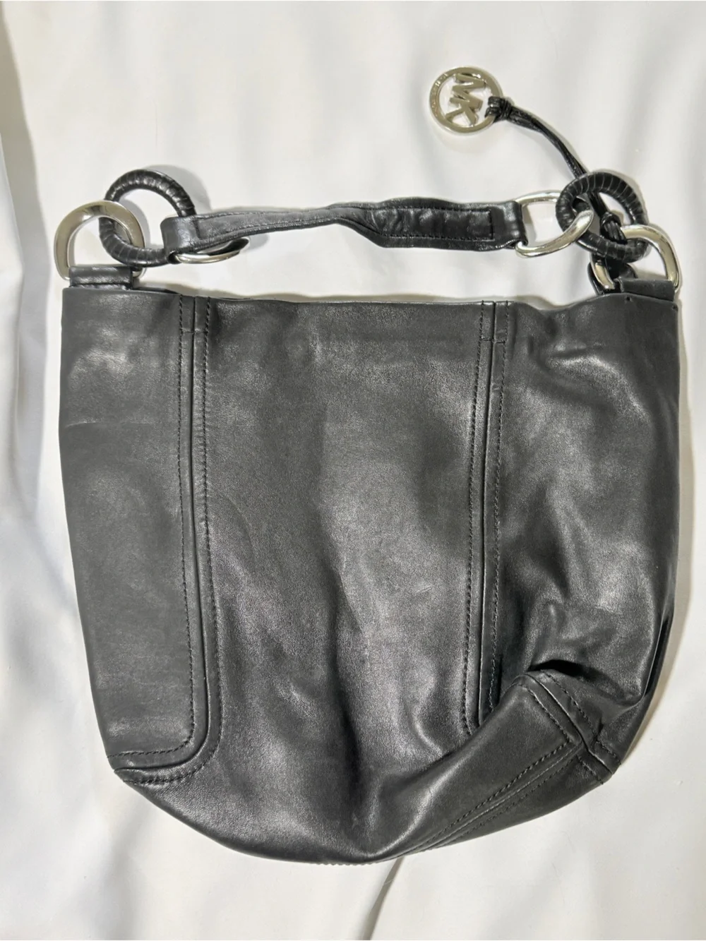 Michael Kors Soft Black Leather Shoulder Hobo with Oversized Logo Charm